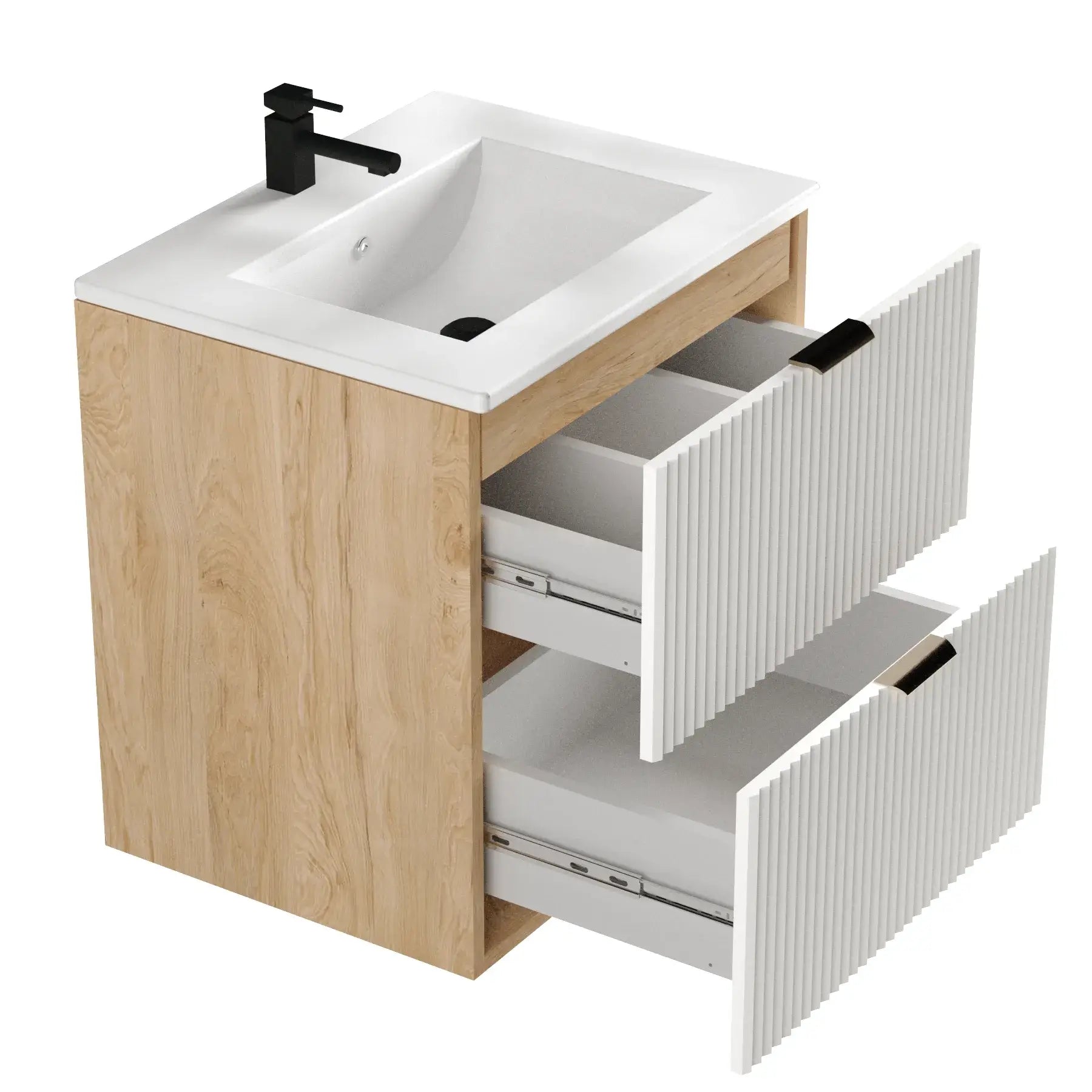 Waschtischunterschrank 60 cm mit Waschbecken Willy - Weiß/Walnuss