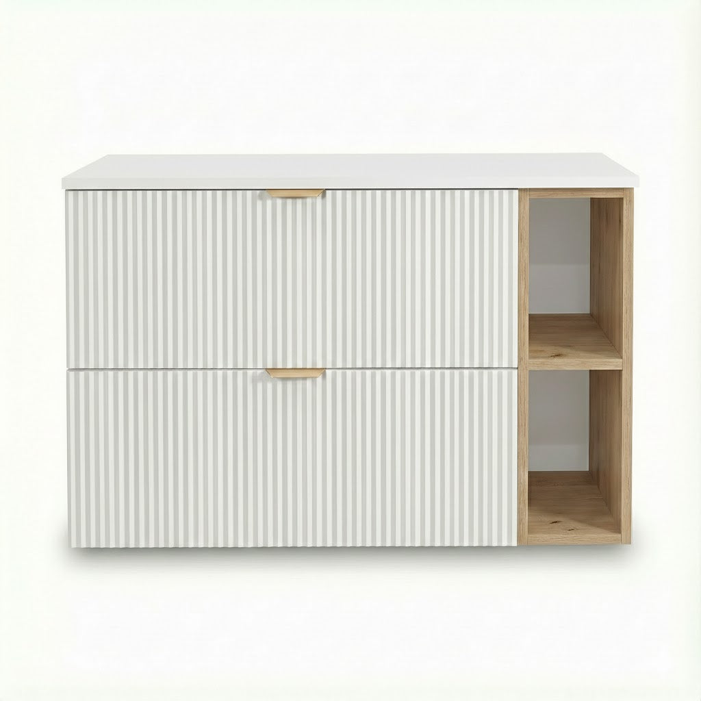 Waschtischunterschrank mit Regal 100 cm Willy - Weiß, Walnuss Regal, Weißplatte