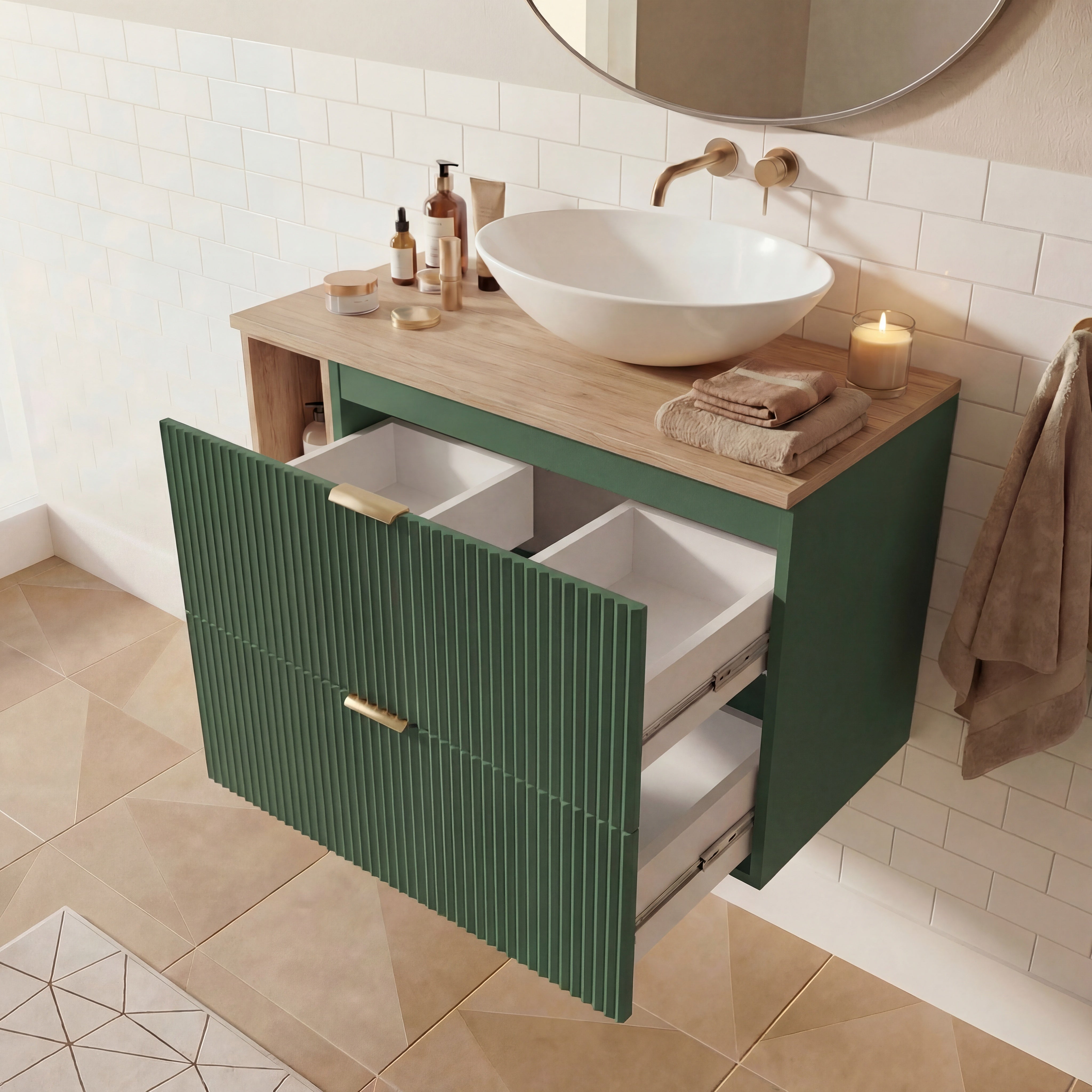 Waschtischunterschrank 80 cm mit Regal Willy - Salbei/Walnuss
