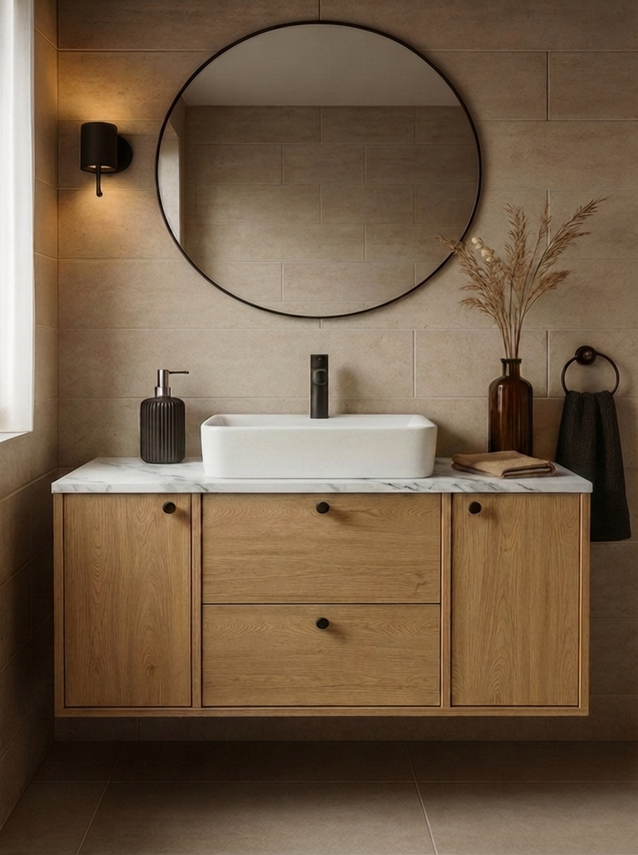 Waschtischunterschrank 120 cm mit 2 Türen und 2 Schubladen Belino - Eiche Cremona/Marmor Bianco