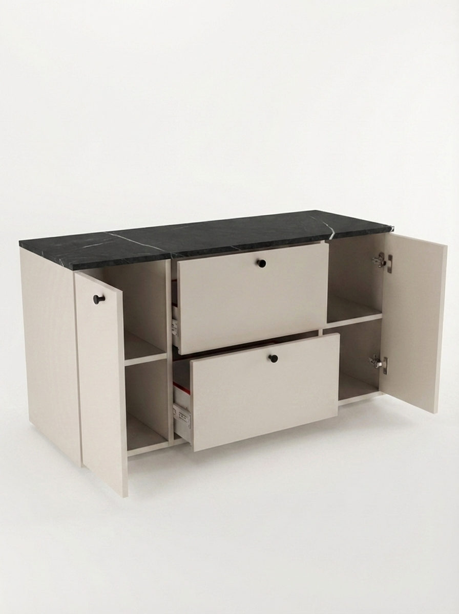 Waschtischunterschrank 120 cm mit 2 Türen und 2 Schubladen Belino - Kaschmir/Marmor Schwarz