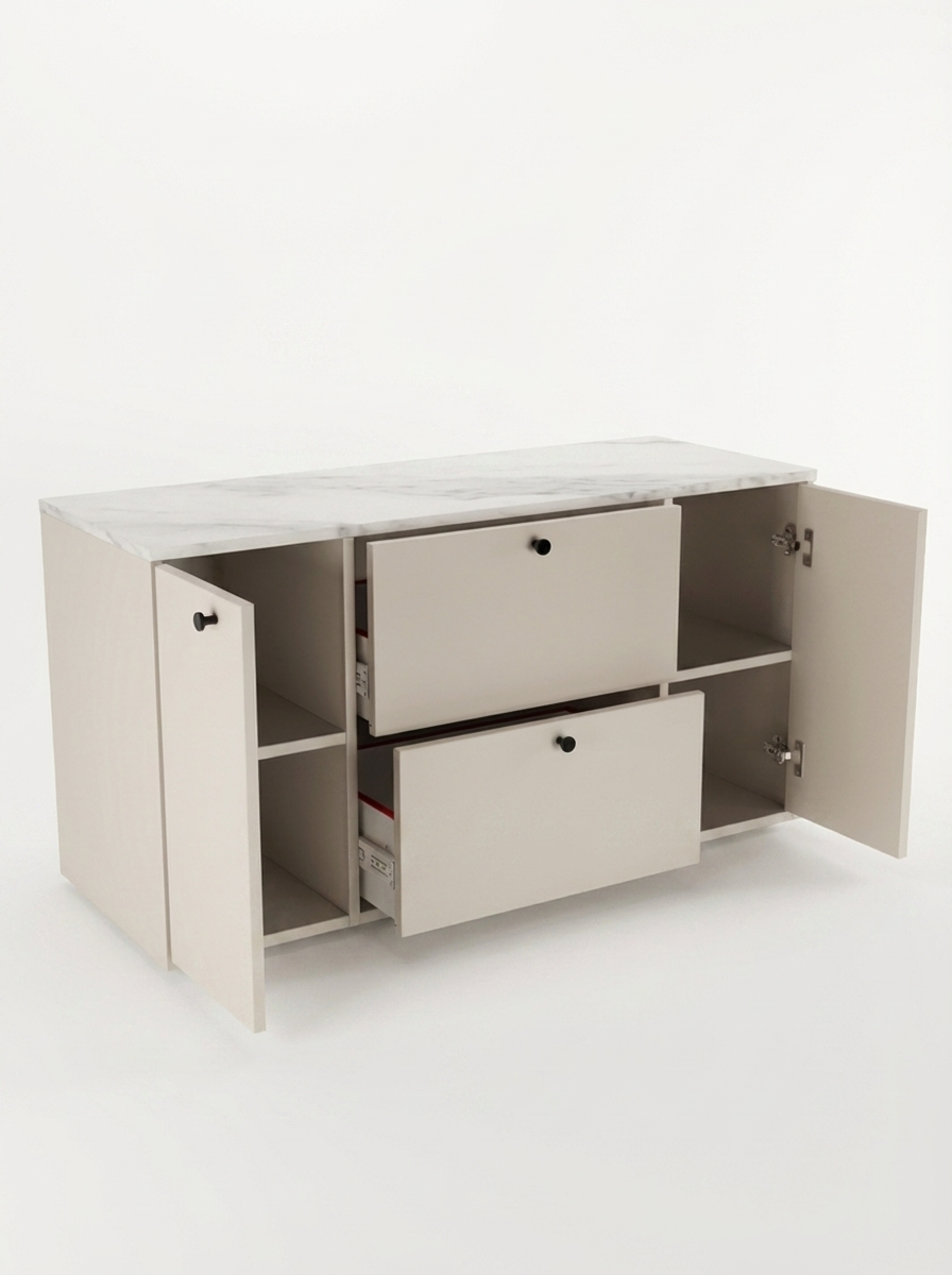 Waschtischunterschrank 120 cm mit 2 Türen und 2 Schubladen Belino - Kaschmir/Marmor Bianco