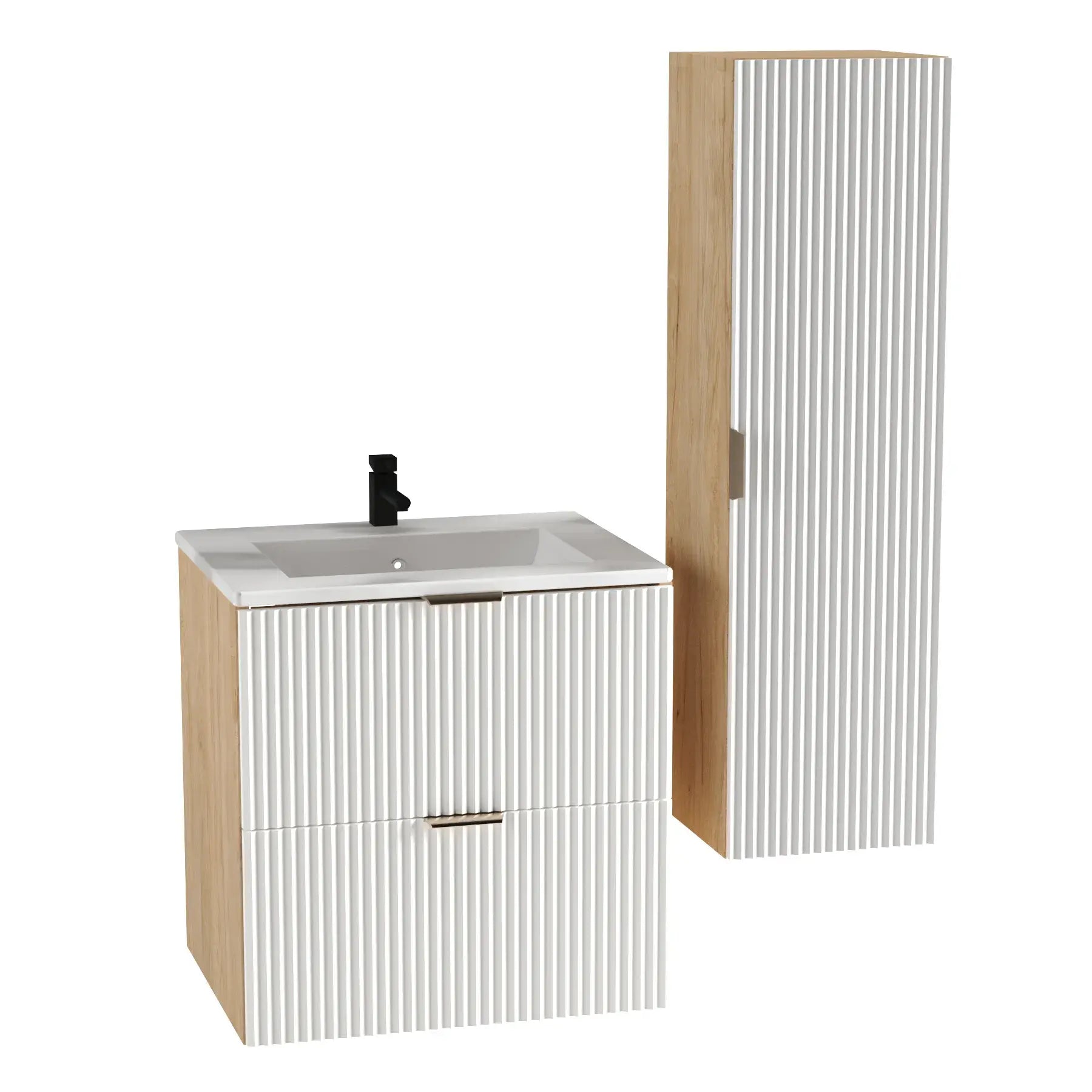 Waschtischunterschrank 60 cm mit Waschbecken Willy - Weiß/Walnuss