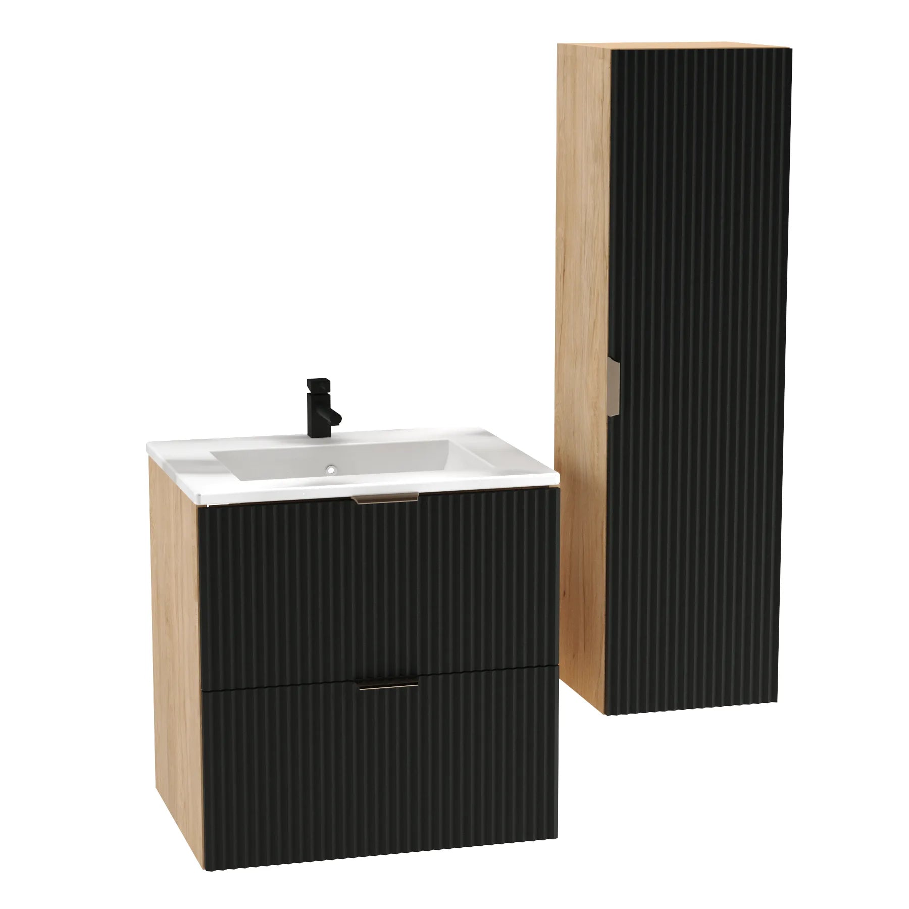 Waschtischunterschrank 60 cm mit Waschbecken Willy - Schwarz/Walnuss