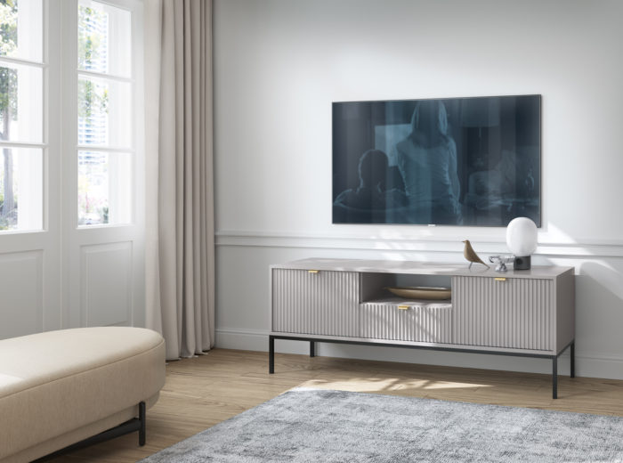 RTV-Schrank, moderner Stil, grau, 150 cm breit, im Raum