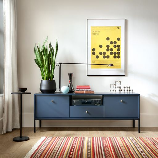 Moderner rtv Schrank für das Wohnzimmer in marineblau mit 4 Türen und goldenen Griffen und schwarzen Beinen, ca. 150 cm breit