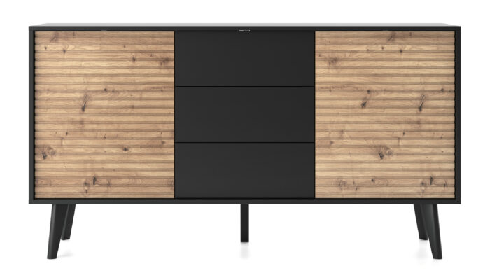 Modern Industrielles Sideboard, mit 3 Schubladen, 2 Türen, ca. 154 cm breit, in Schwarz und Holz