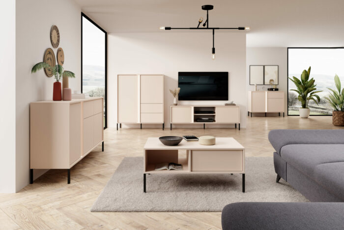 wohnzimmermöbel kollektion dast in beige, rtv schrank, kommode, sideboard und highboard, moderner stil