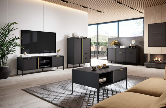 Eine Kollektion von Wohnzimmermöbeln in moderner Anthrazitfarbe, bestehend aus einer Kommode, einem RTV-Schrank und einer hohen Kommode.