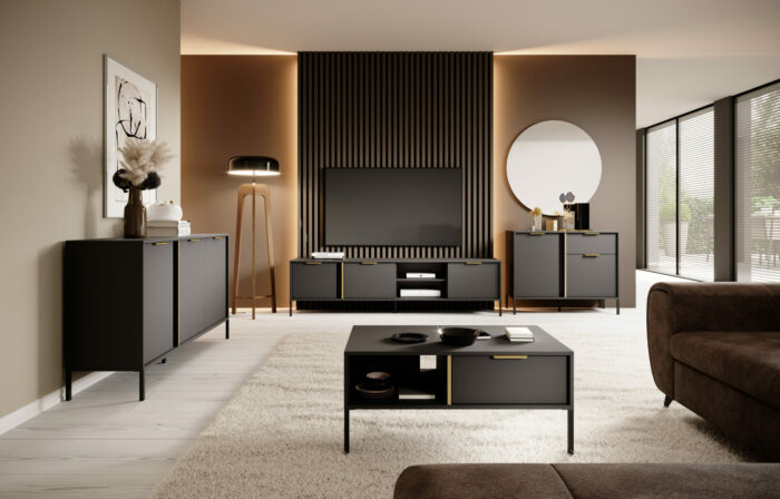 Eine Kollektion von Wohnzimmermöbeln in moderner Anthrazitfarbe, bestehend aus einer Kommode, einem RTV-Schrank und einer hohen Kommode.