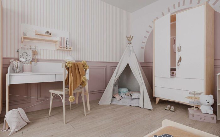 Kinderzimmer Kleiderschrank in Weiß mit Holz 100 cm breite mit Schubladen
