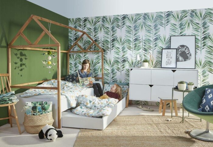 Kinderbett, Hausbett 90x200 mit Zusatzbett in Weiss
