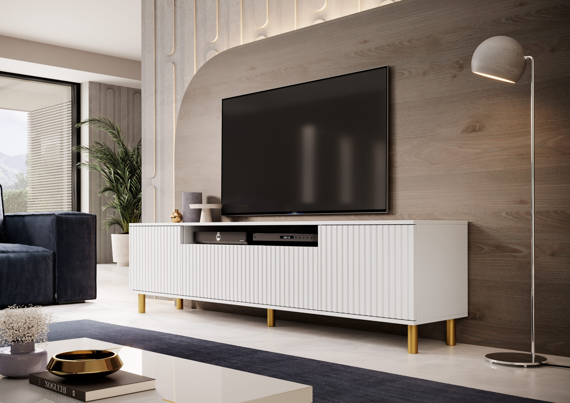 TV Schrank Weiß 200 cm mit Golden Beine LED Ales