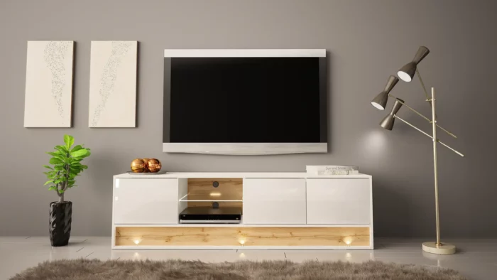Stehender TV Schrank in Weißem Glanz mit LED-Beleuchtung Koner