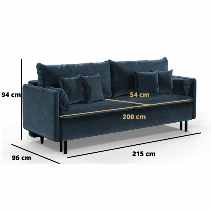 Sofa 3-Sitzer mit Bettkasten, Schwarze Beine, Marineblau, Pflegeleichter Velours, Delanio 2