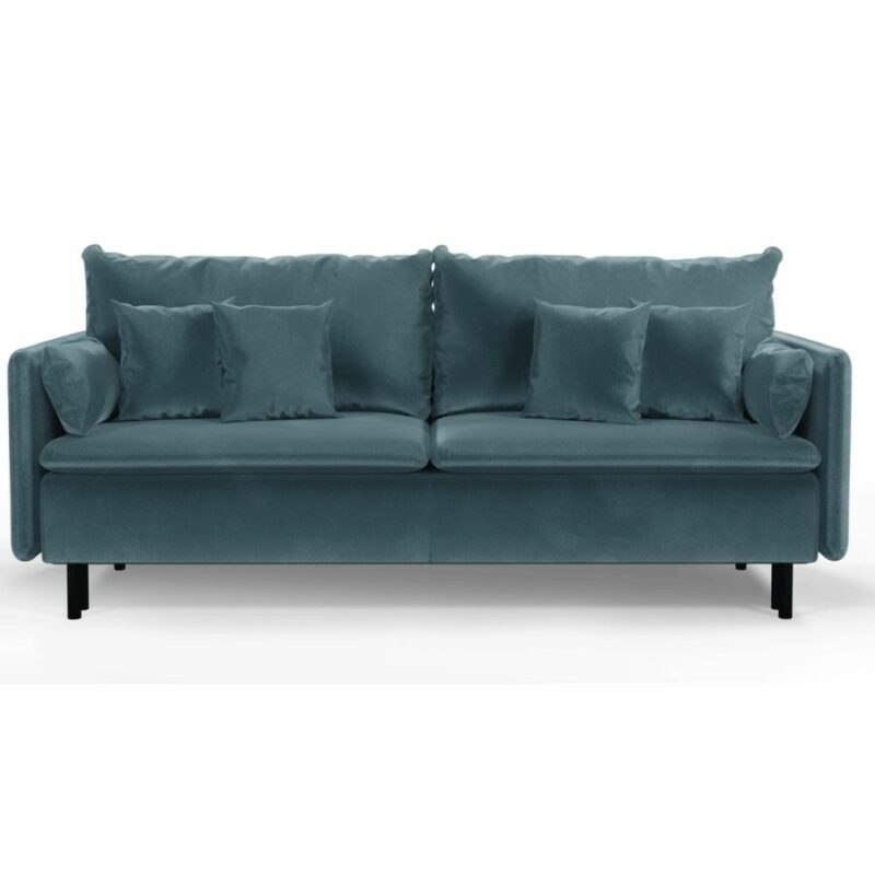 Sofa 3-Sitzer mit Bettkasten, Schwarze Beine, Blau, Pflegeleichter Velours, Delanio
