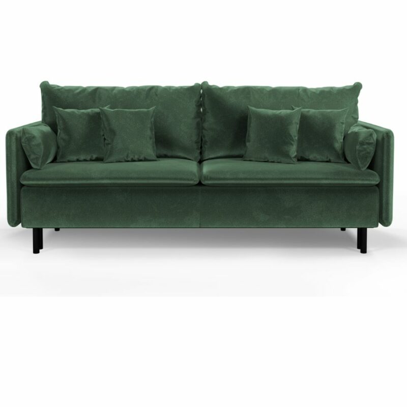 Sofa 3-Sitzer mit Bettkasten, Schwarze Beine, Flasche grün Pflegeleichter Velours, Delanio
